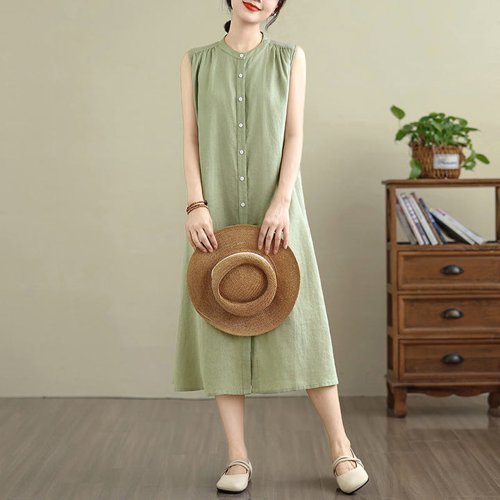 Buddha Stones Plain Single Breasted Pleated Design Sleeveless Cotton Linen Midi Dress