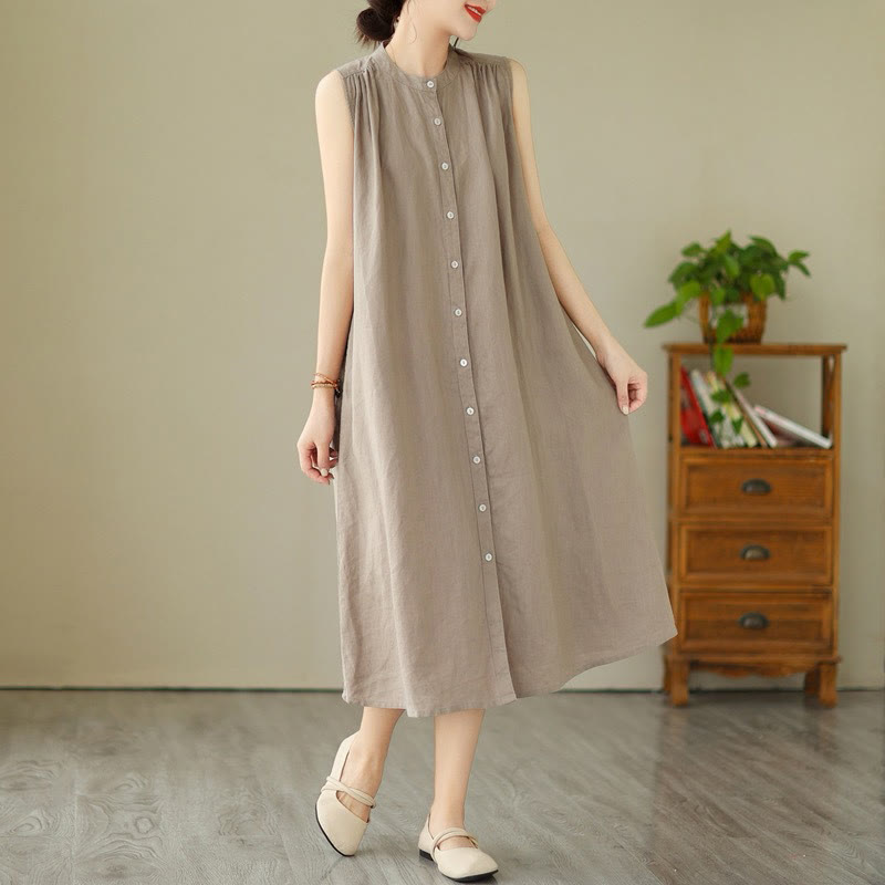 Buddha Stones Plain Single Breasted Pleated Design Sleeveless Cotton Linen Midi Dress