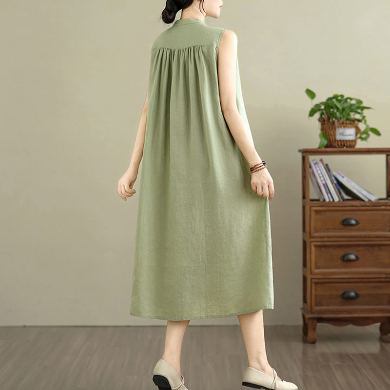 Buddha Stones Plain Single Breasted Pleated Design Sleeveless Cotton Linen Midi Dress