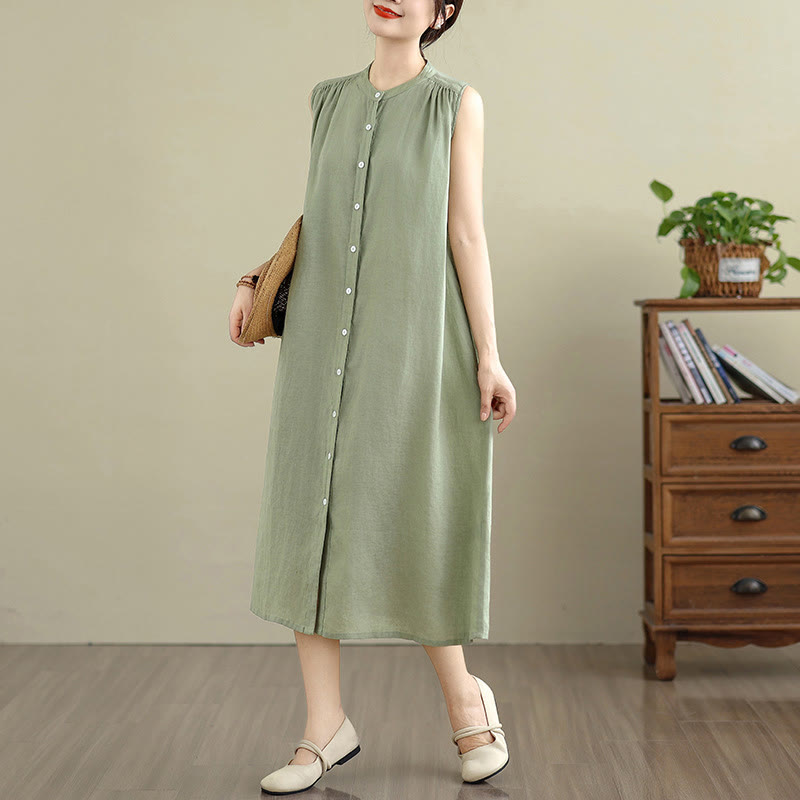 Buddha Stones Plain Single Breasted Pleated Design Sleeveless Cotton Linen Midi Dress