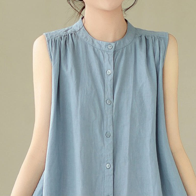 Buddha Stones Plain Single Breasted Pleated Design Sleeveless Cotton Linen Midi Dress