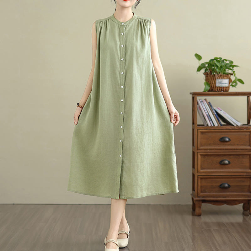 Buddha Stones Plain Single Breasted Pleated Design Sleeveless Cotton Linen Midi Dress
