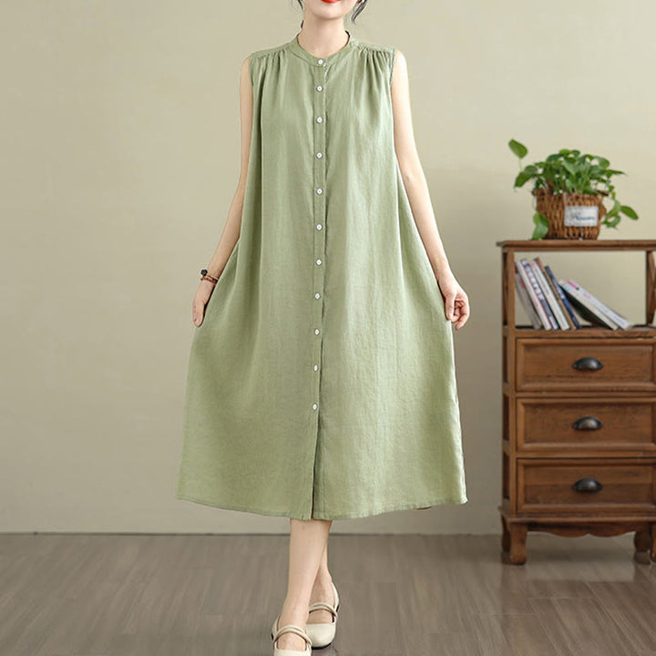Buddha Stones Plain Single Breasted Pleated Design Sleeveless Cotton Linen Midi Dress
