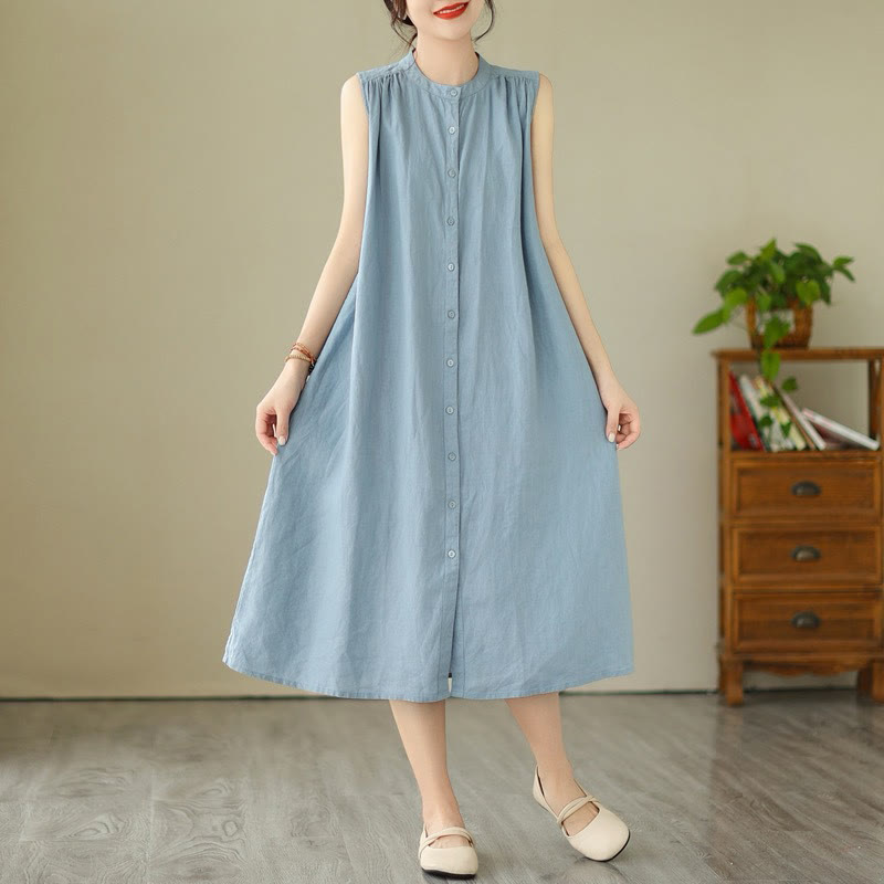 Buddha Stones Plain Single Breasted Pleated Design Sleeveless Cotton Linen Midi Dress