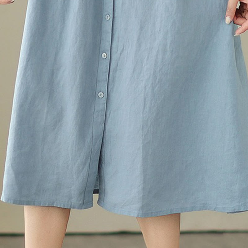 Buddha Stones Plain Single Breasted Pleated Design Sleeveless Cotton Linen Midi Dress