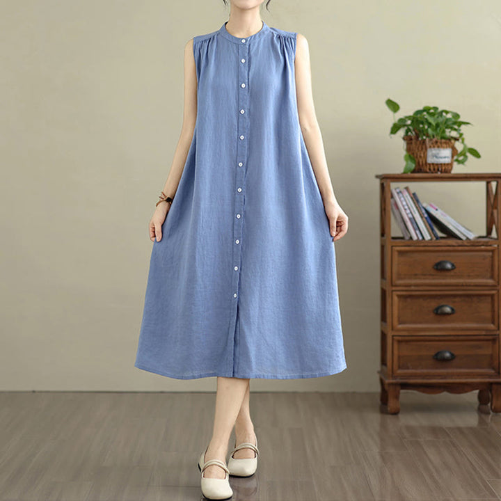 Buddha Stones Plain Single Breasted Pleated Design Sleeveless Cotton Linen Midi Dress