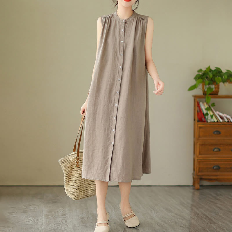 Buddha Stones Plain Single Breasted Pleated Design Sleeveless Cotton Linen Midi Dress