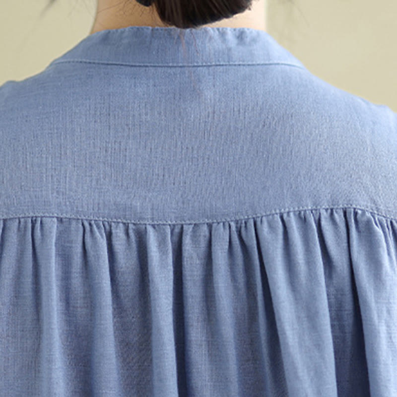 Buddha Stones Plain Single Breasted Pleated Design Sleeveless Cotton Linen Midi Dress