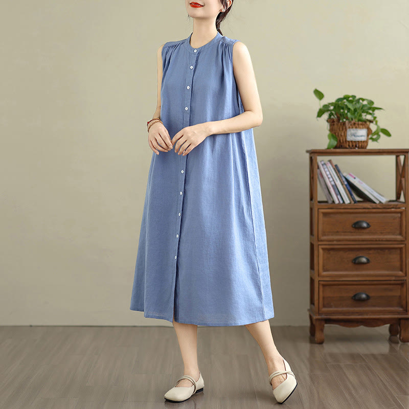 Buddha Stones Plain Single Breasted Pleated Design Sleeveless Cotton Linen Midi Dress