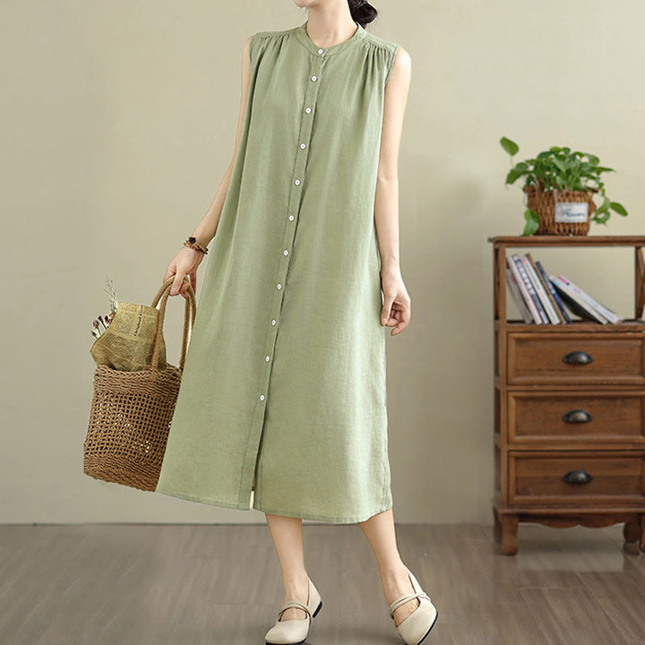 Buddha Stones Plain Single Breasted Pleated Design Sleeveless Cotton Linen Midi Dress