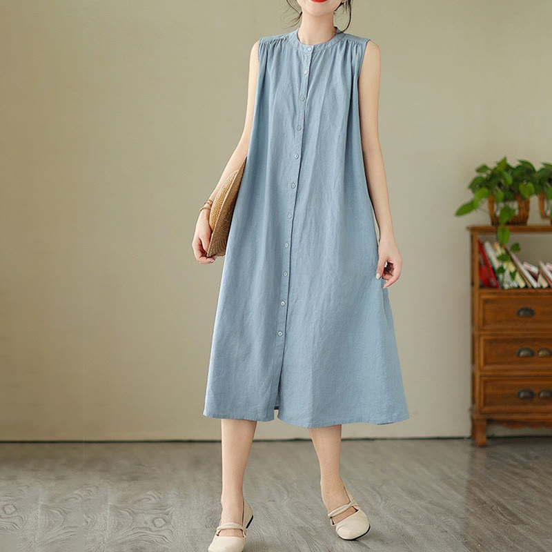 Buddha Stones Plain Single Breasted Pleated Design Sleeveless Cotton Linen Midi Dress