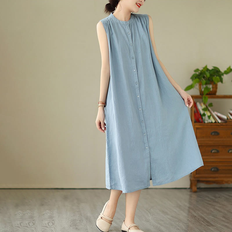 Buddha Stones Plain Single Breasted Pleated Design Sleeveless Cotton Linen Midi Dress