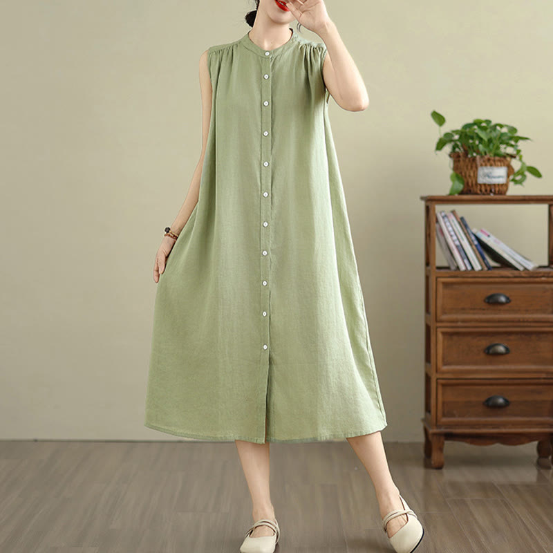 Buddha Stones Plain Single Breasted Pleated Design Sleeveless Cotton Linen Midi Dress