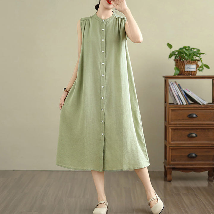 Buddha Stones Plain Single Breasted Pleated Design Sleeveless Cotton Linen Midi Dress