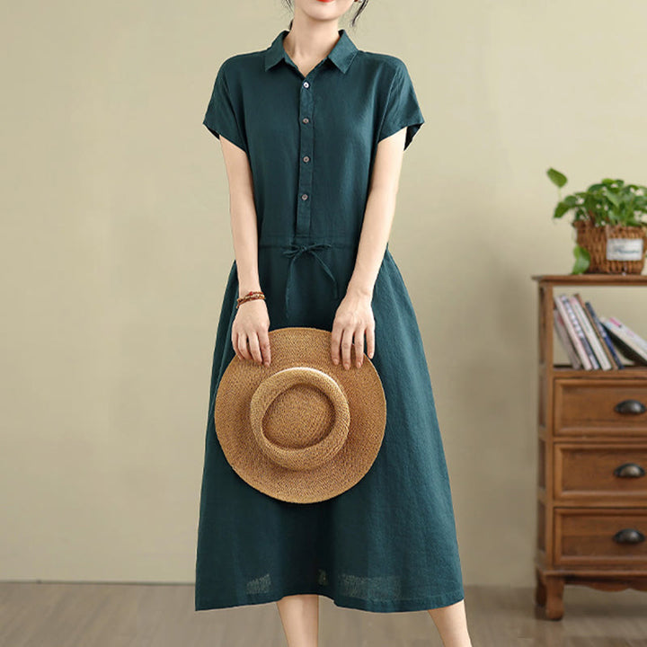 Buddha Stones Summer Plain Short Sleeve Drawstring Cotton Linen Midi Dress With Pockets - DarkGreen - US8-10,UK/AU12-14,EU40-42 (2XL) - image 6