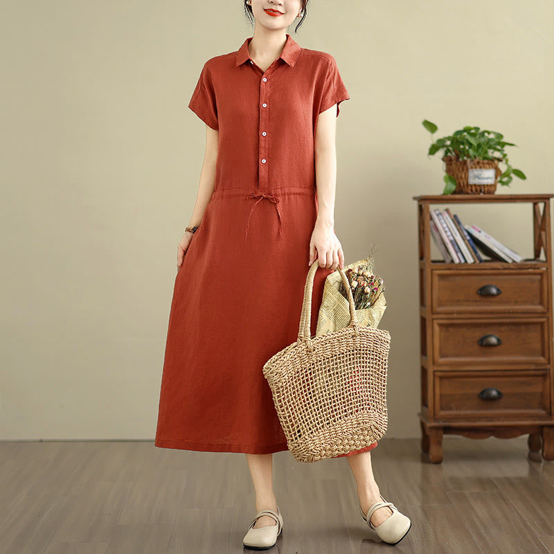 Buddha Stones Summer Plain Short Sleeve Drawstring Cotton Linen Midi Dress With Pockets - image 21