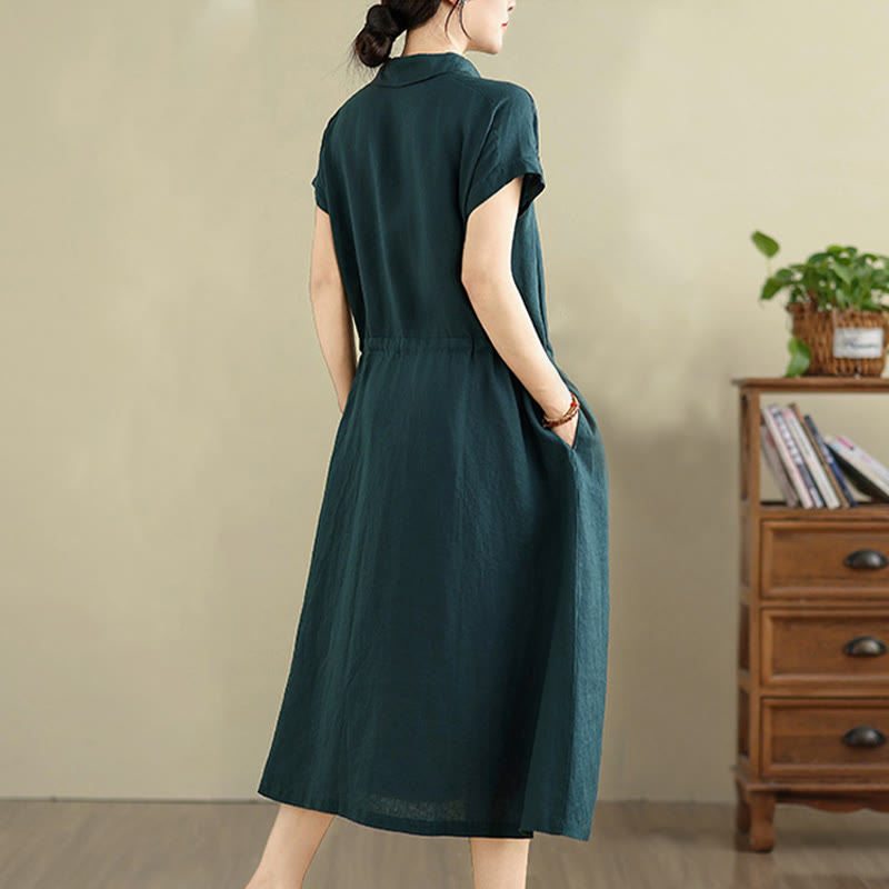 Buddha Stones Summer Plain Short Sleeve Drawstring Cotton Linen Midi Dress With Pockets - image 10