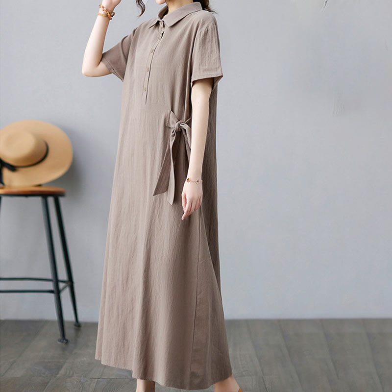 Buddha Stones Casual Plain Side Lace-Up Lapel Short Sleeve Cotton Linen Midi Dress With Pockets - image 3