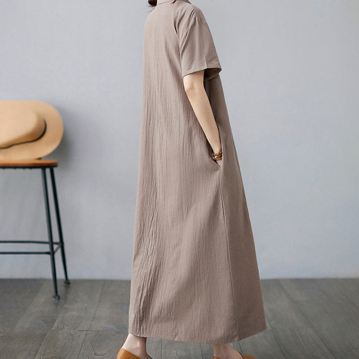 Buddha Stones Casual Plain Side Lace-Up Lapel Short Sleeve Cotton Linen Midi Dress With Pockets - image 5