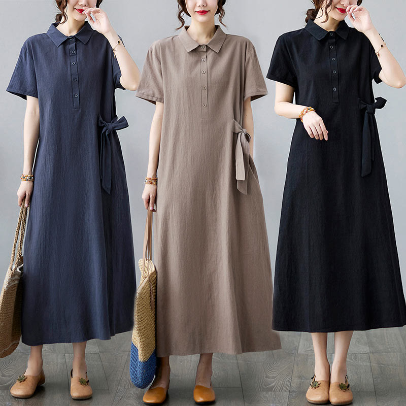 Buddha Stones Casual Plain Side Lace-Up Lapel Short Sleeve Cotton Linen Midi Dress With Pockets - image 26
