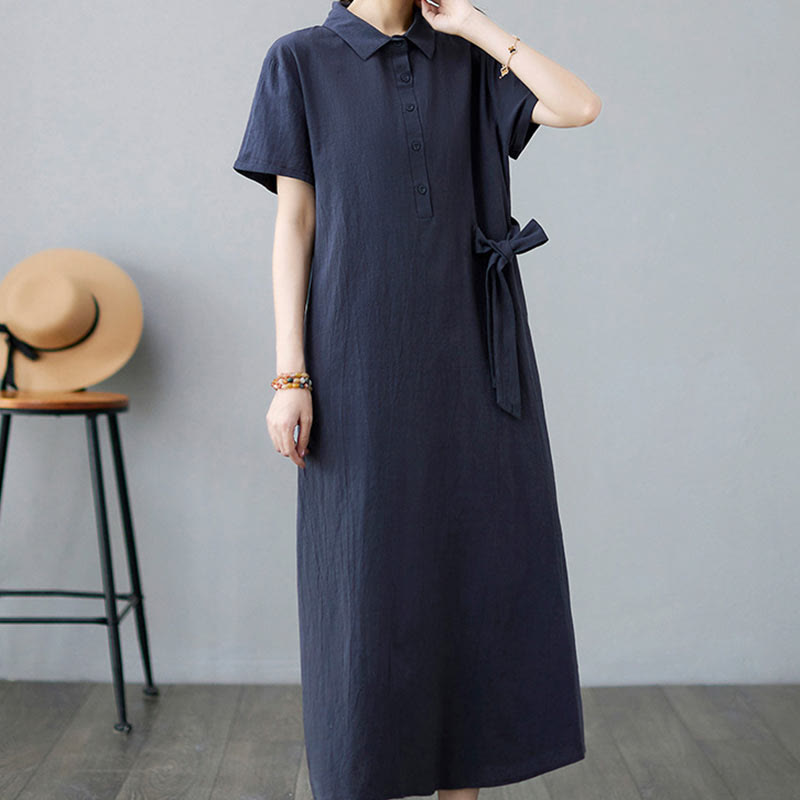 Buddha Stones Casual Plain Side Lace-Up Lapel Short Sleeve Cotton Linen Midi Dress With Pockets - image 23