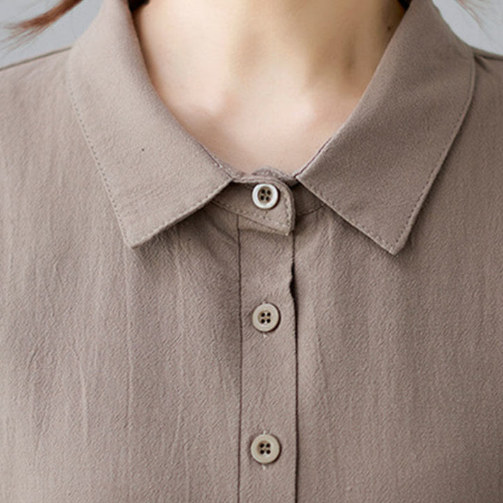 Buddha Stones Casual Plain Side Lace-Up Lapel Short Sleeve Cotton Linen Midi Dress With Pockets - image 7