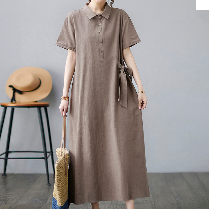 Buddha Stones Casual Plain Side Lace-Up Lapel Short Sleeve Cotton Linen Midi Dress With Pockets - image 4
