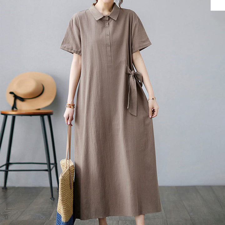 Buddha Stones Casual Plain Side Lace-Up Lapel Short Sleeve Cotton Linen Midi Dress With Pockets - image 4