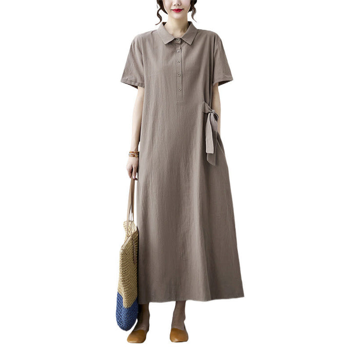 Buddha Stones Casual Plain Side Lace-Up Lapel Short Sleeve Cotton Linen Midi Dress With Pockets - image 12