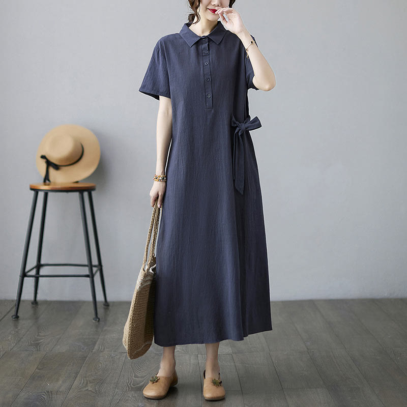 Buddha Stones Casual Plain Side Lace-Up Lapel Short Sleeve Cotton Linen Midi Dress With Pockets - image 20
