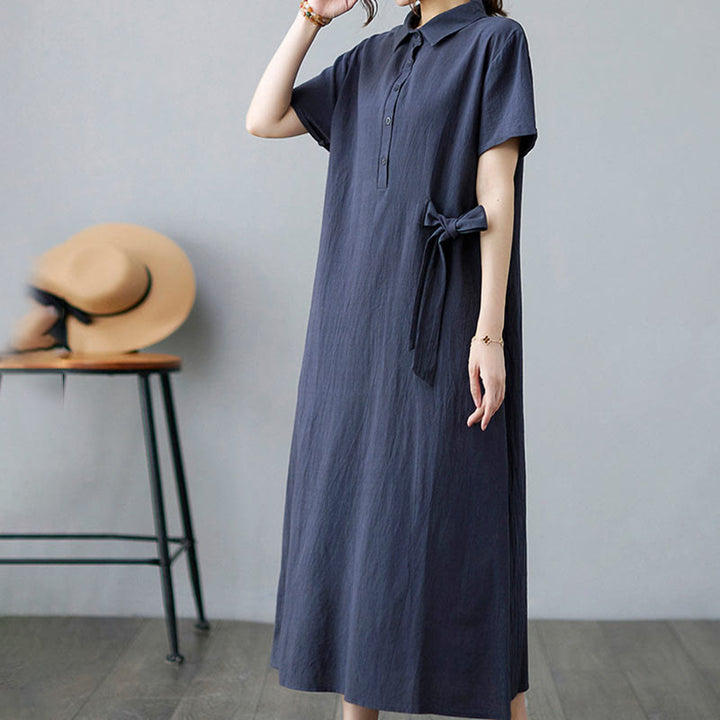 Buddha Stones Casual Plain Side Lace-Up Lapel Short Sleeve Cotton Linen Midi Dress With Pockets - image 21