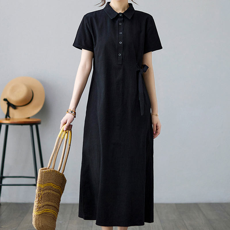 Buddha Stones Casual Plain Side Lace-Up Lapel Short Sleeve Cotton Linen Midi Dress With Pockets - image 15