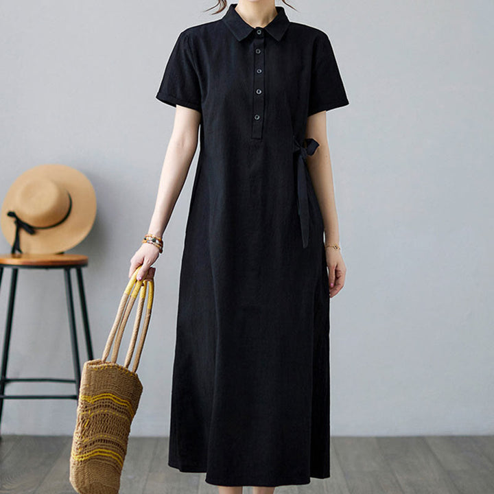 Buddha Stones Casual Plain Side Lace-Up Lapel Short Sleeve Cotton Linen Midi Dress With Pockets - image 15