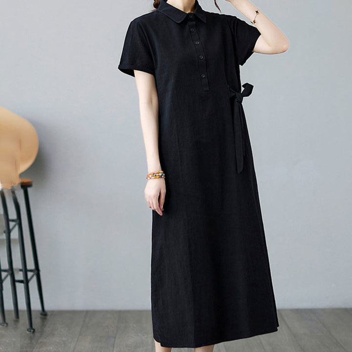 Buddha Stones Casual Plain Side Lace-Up Lapel Short Sleeve Cotton Linen Midi Dress With Pockets - image 18