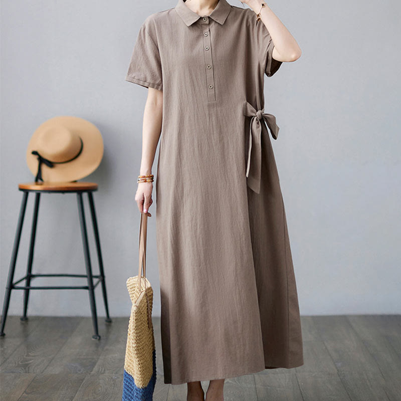 Buddha Stones Casual Plain Side Lace-Up Lapel Short Sleeve Cotton Linen Midi Dress With Pockets - DarkKhaki - US8-10,UK/AU12-14,EU40-42 (2XL) - image 1