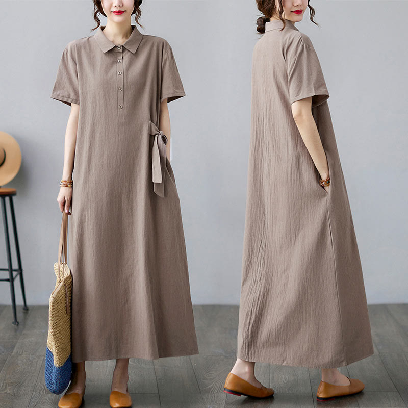 Buddha Stones Casual Plain Side Lace-Up Lapel Short Sleeve Cotton Linen Midi Dress With Pockets - image 6