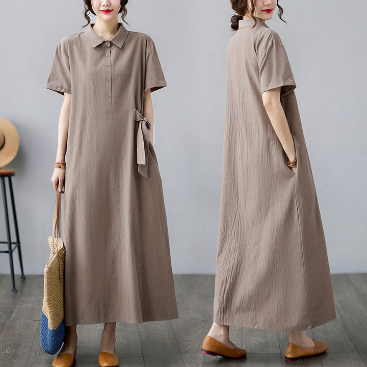 Buddha Stones Casual Plain Side Lace-Up Lapel Short Sleeve Cotton Linen Midi Dress With Pockets - image 6