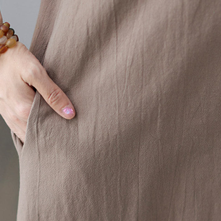 Buddha Stones Casual Plain Side Lace-Up Lapel Short Sleeve Cotton Linen Midi Dress With Pockets - image 11