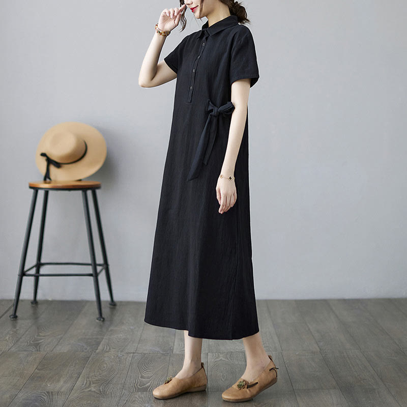 Buddha Stones Casual Plain Side Lace-Up Lapel Short Sleeve Cotton Linen Midi Dress With Pockets - image 14