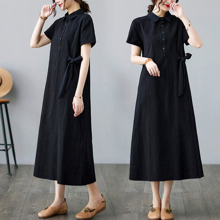 Buddha Stones Casual Plain Side Lace-Up Lapel Short Sleeve Cotton Linen Midi Dress With Pockets - Black - US8-10,UK/AU12-14,EU40-42 (2XL) - image 13