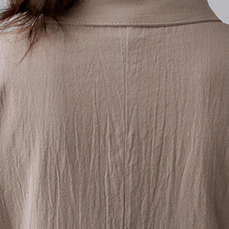 Buddha Stones Casual Plain Side Lace-Up Lapel Short Sleeve Cotton Linen Midi Dress With Pockets - image 8