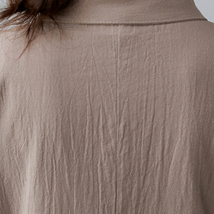 Buddha Stones Casual Plain Side Lace-Up Lapel Short Sleeve Cotton Linen Midi Dress With Pockets - image 8