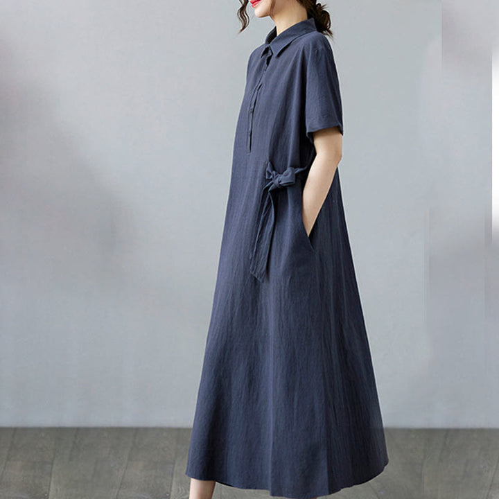 Buddha Stones Casual Plain Side Lace-Up Lapel Short Sleeve Cotton Linen Midi Dress With Pockets - image 24