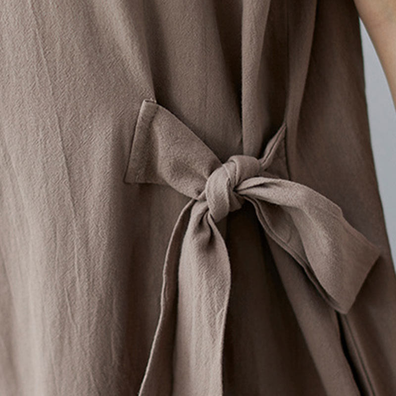 Buddha Stones Casual Plain Side Lace-Up Lapel Short Sleeve Cotton Linen Midi Dress With Pockets - image 10