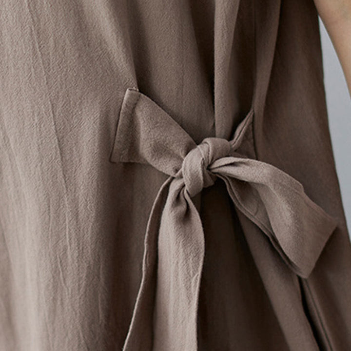 Buddha Stones Casual Plain Side Lace-Up Lapel Short Sleeve Cotton Linen Midi Dress With Pockets - image 10