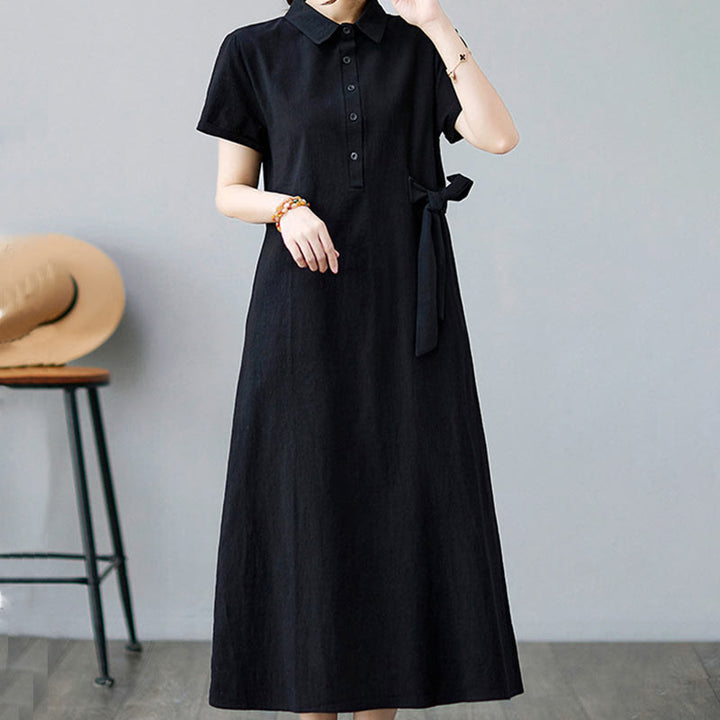 Buddha Stones Casual Plain Side Lace-Up Lapel Short Sleeve Cotton Linen Midi Dress With Pockets - image 16