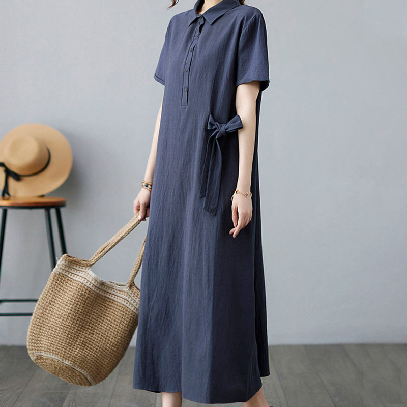 Buddha Stones Casual Plain Side Lace-Up Lapel Short Sleeve Cotton Linen Midi Dress With Pockets - image 25