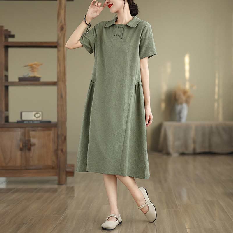 Buddha Stones Plain Jacquard Lapel Cotton Linen Short Sleeve Midi Dress With Pockets - MediumSeaGreen - US8-10,UK/AU12-14,EU40-42 (2XL) - image 5