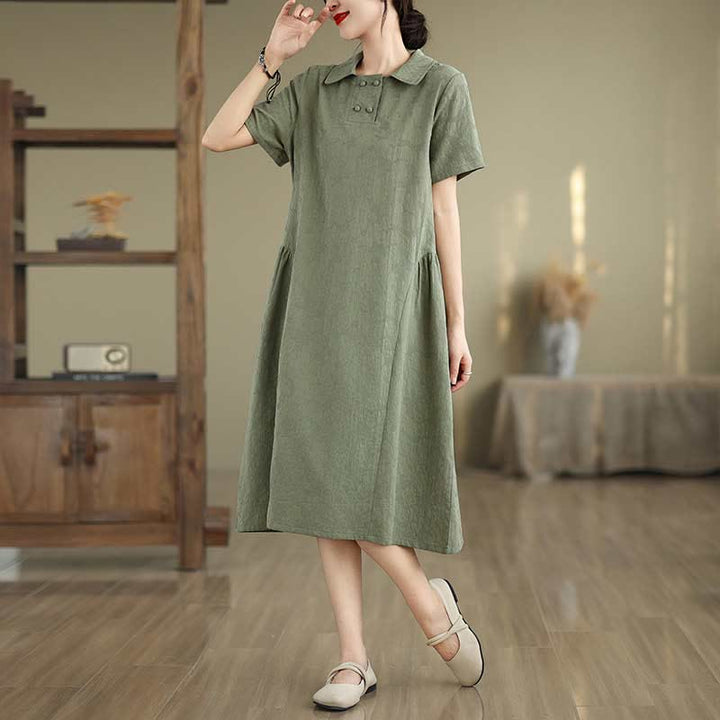 Buddha Stones Plain Jacquard Lapel Cotton Linen Short Sleeve Midi Dress With Pockets - MediumSeaGreen - US8-10,UK/AU12-14,EU40-42 (2XL) - image 5