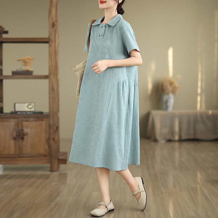 Buddha Stones Plain Jacquard Lapel Cotton Linen Short Sleeve Midi Dress With Pockets - PaleTurquoise - US8-10,UK/AU12-14,EU40-42 (2XL) - image 21